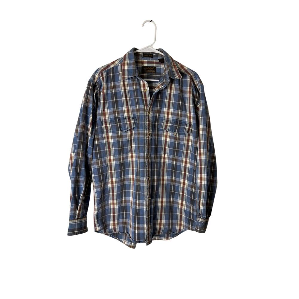Eddie Bauer Men's Plaid Long Sleeve Button Shirt Blue Brown Size M 100% Cotton